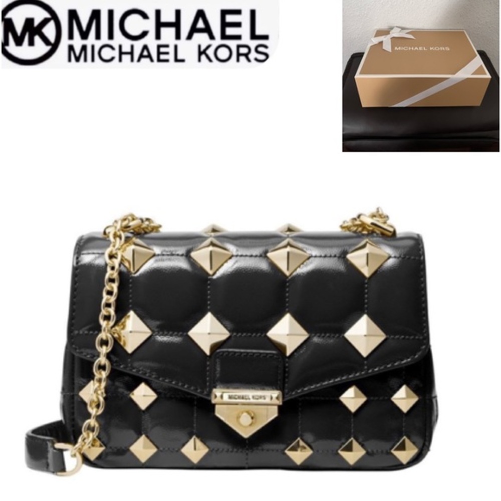 NWT MICHAEL KORS SOHO SMALL STUDDED QUILTED PATENT LEATHER SHOULDER BAG GIFT BOX